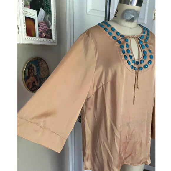 HOT IN HOLLYWOOD Peach Turquoise Collar BOHEMIAN Blouse Tunic Shirt *MEDIUM* - Picture 2 of 6
